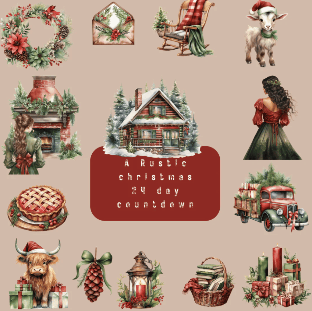 An illustration of fireplaces, pies, books, lanterns, rocking chairs, and log cabins with the words "A Rustic Christmas 24 day Countdown."